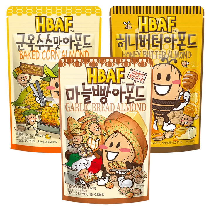 바프 허니버터 190g + 군옥수수맛 190g + 마늘빵 190g 아몬드 세트, 1세트