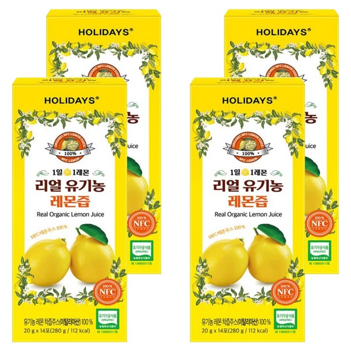 홀리데이즈 NFC 착즙 100% 리얼 유기농 레몬즙 14포, 280g, 4개
