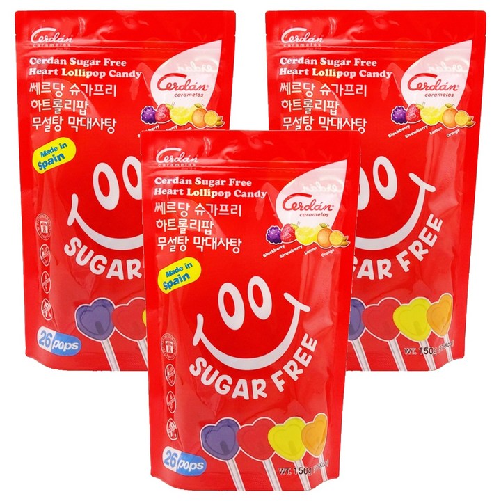 카라멜세르단 쎄르당 슈가프리 무설탕 하트롤리팝 막대사탕, 150g, 3개