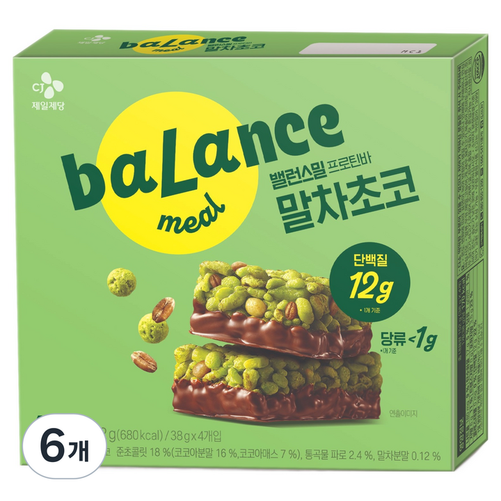 CJ제일제당 밸런스밀 저당 프로틴바 말차초코맛 4p, 152g, 6개