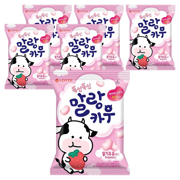 롯데웰푸드 폭신폭신 말랑카우 딸기우유, 158g, 6개