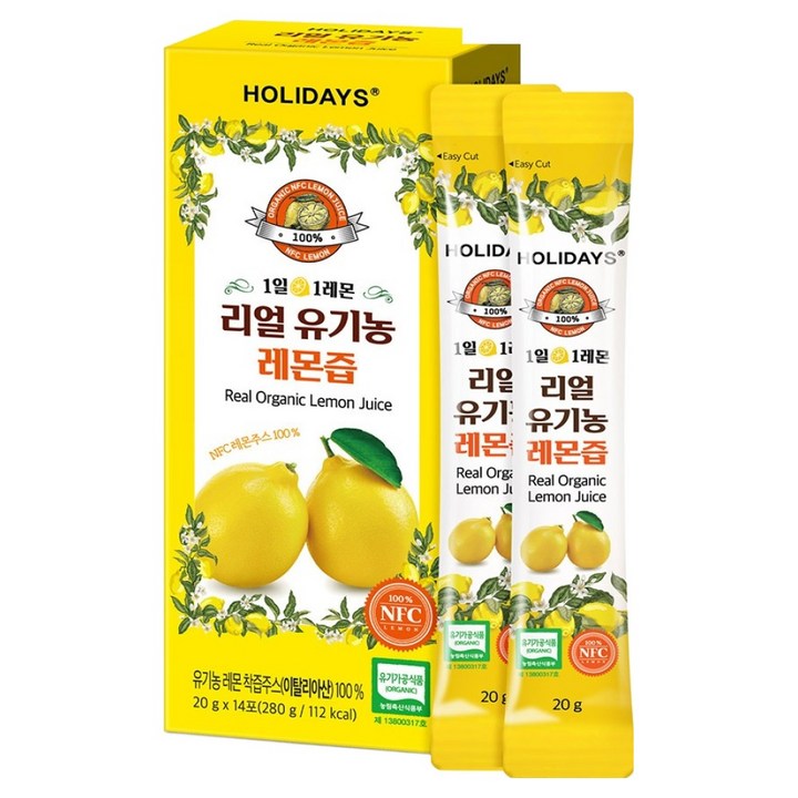 홀리데이즈 NFC 착즙 100% 리얼 유기농 레몬즙 14포, 280g, 1개