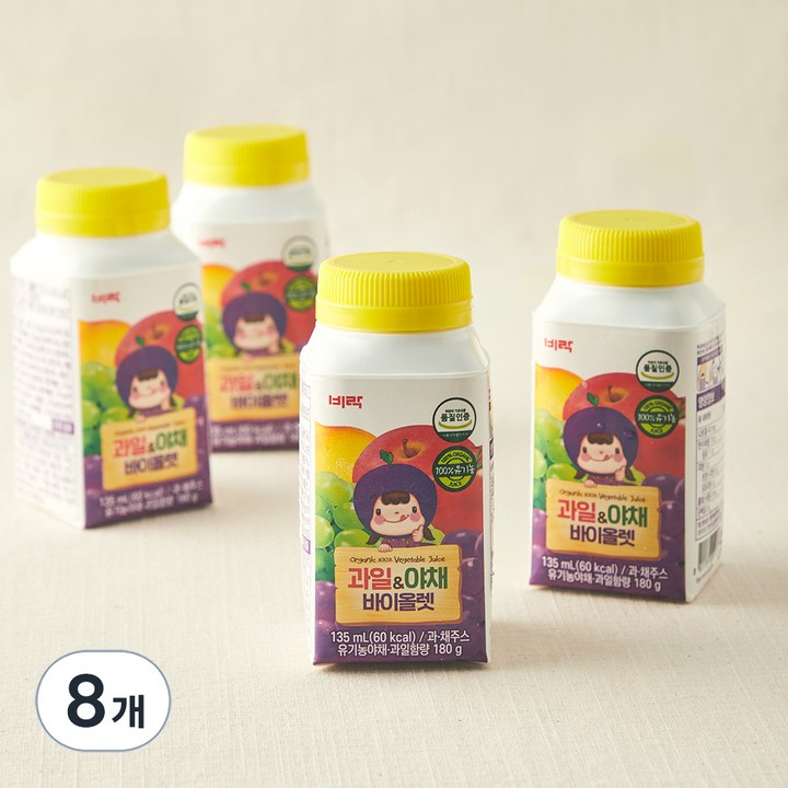 비락 유기가공식품 인증 과일 & 야채 바이올렛 키즈 주스, 135ml, 8개