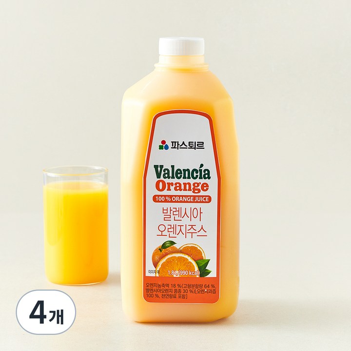 파스퇴르 발렌시아 오렌지주스, 4개, 1.8L