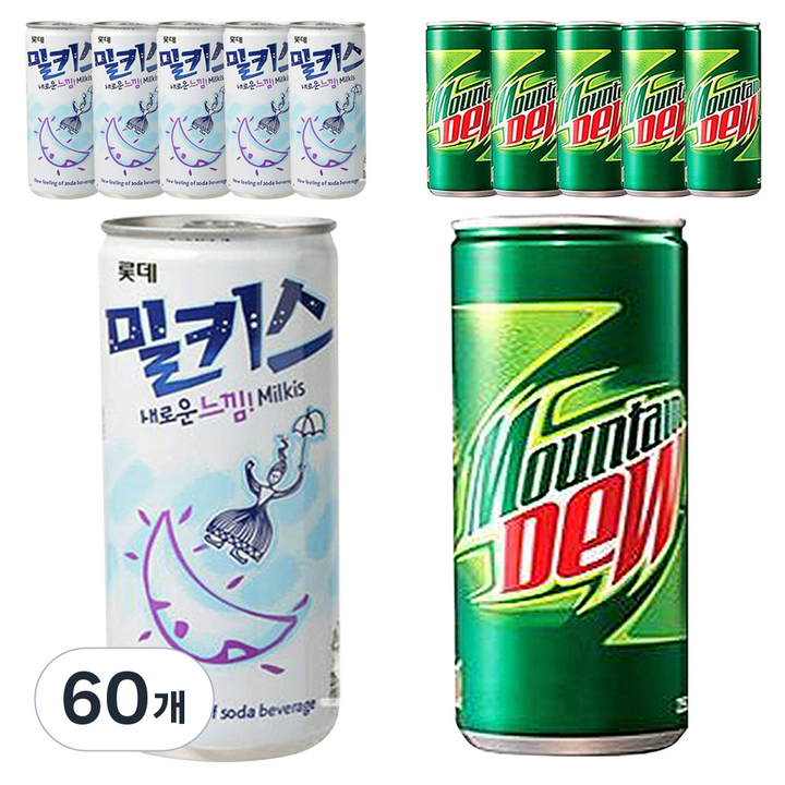 밀키스 250ml x 6p + 마운틴듀 250ml x 6p, 60개