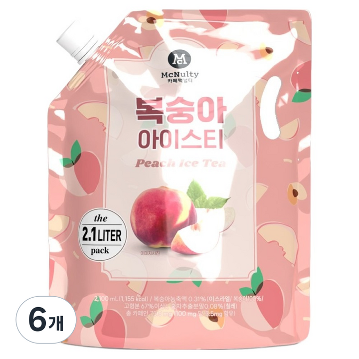 맥널티커피 대용량 복숭아 아이스티 파우치, 2.1L, 6개