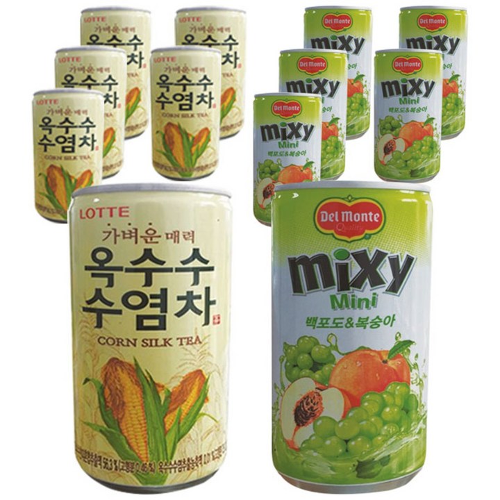 롯데 가벼운매력 옥수수 수염차 175ml x 6p + 델몬트 믹시미니 백포도 & 복숭아 175ml x 6p, 1세트