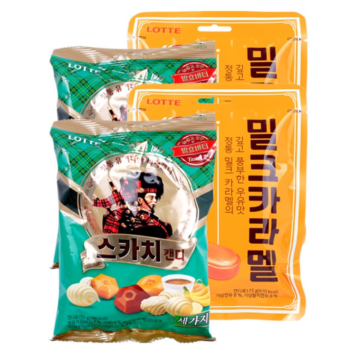 롯데제과 밀크카라멜 115g x 2p + 스카치 세가지 캔디 157g x 2p, 1세트, 115 g + 157 g