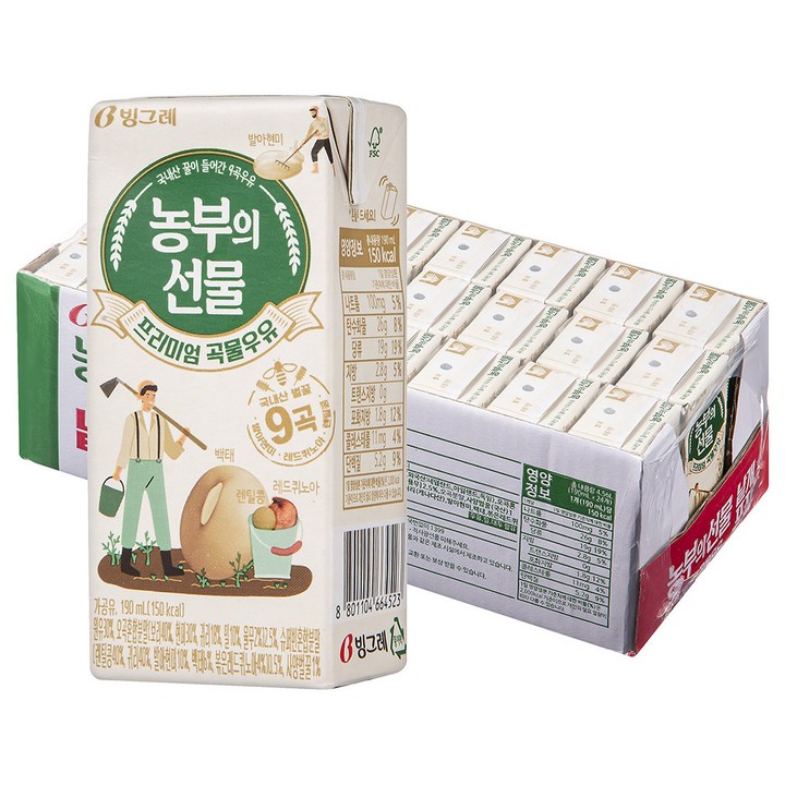 빙그레 농부의 선물 곡물 우유, 190ml, 24개