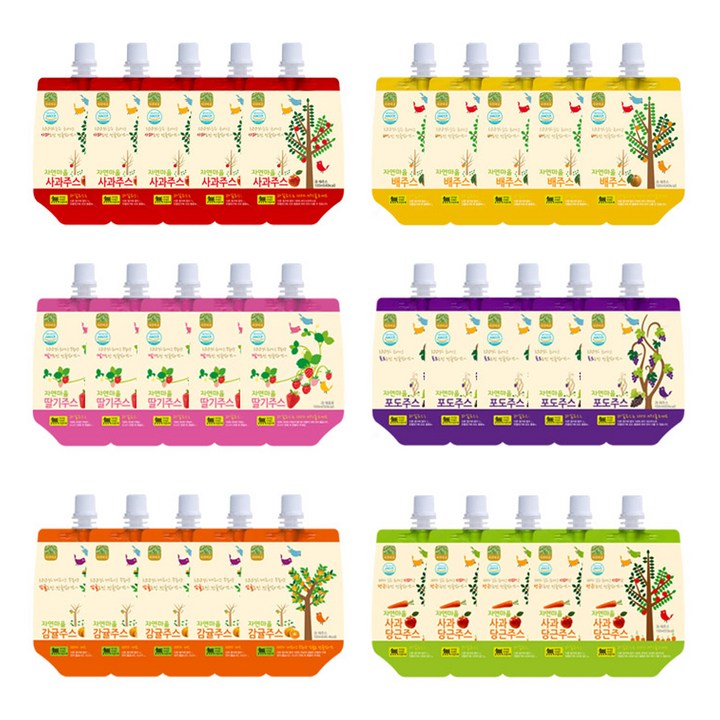 자연마을 착즙주스 사과 100ml x 5p + 배 100ml x 5p + 딸기 100ml x 5p + 포도 100ml x 5p + 제주감귤 100ml x 5p + 사과당근 100ml x 5p, 1세트