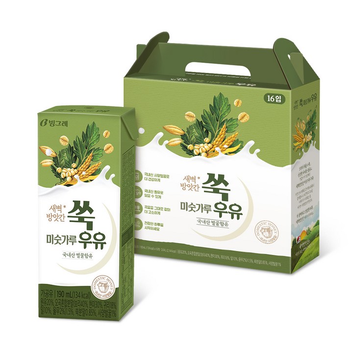 빙그레 새벽방앗간 6곡 미숫가루우유 쑥 16p, 190ml, 16개입