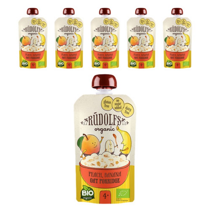 RUDOLFS 유기농 과일퓨레, 복숭아 + 바나나 혼합맛, 6개, 110g
