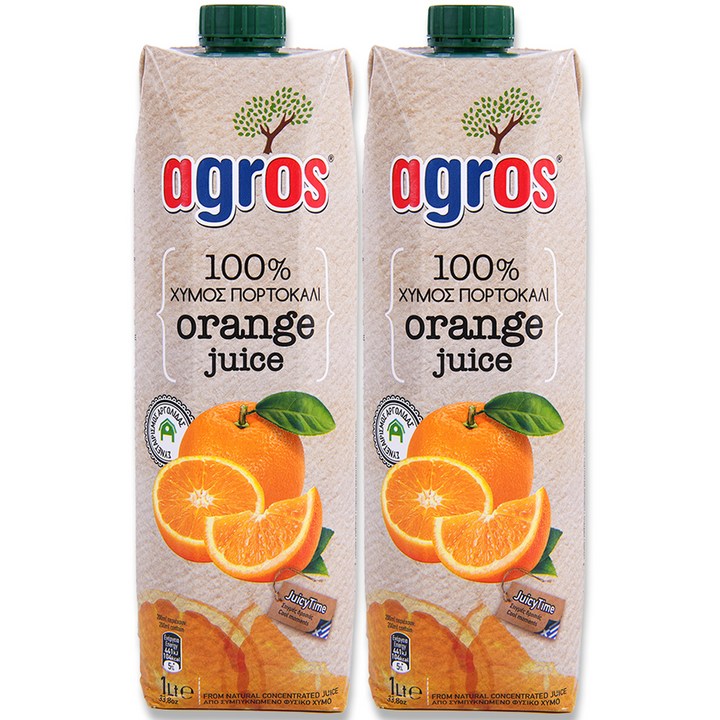 아그로스 100% 오렌지주스, 2개, 1L