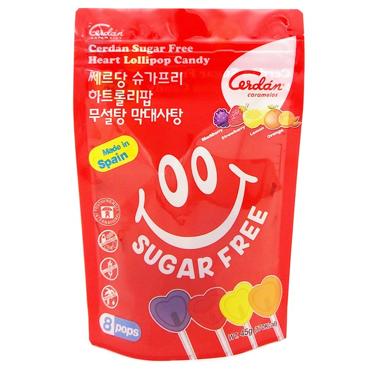 쎄르당 슈가프리 하트롤리팝 무설탕 막대사탕 8p, 45g, 1개