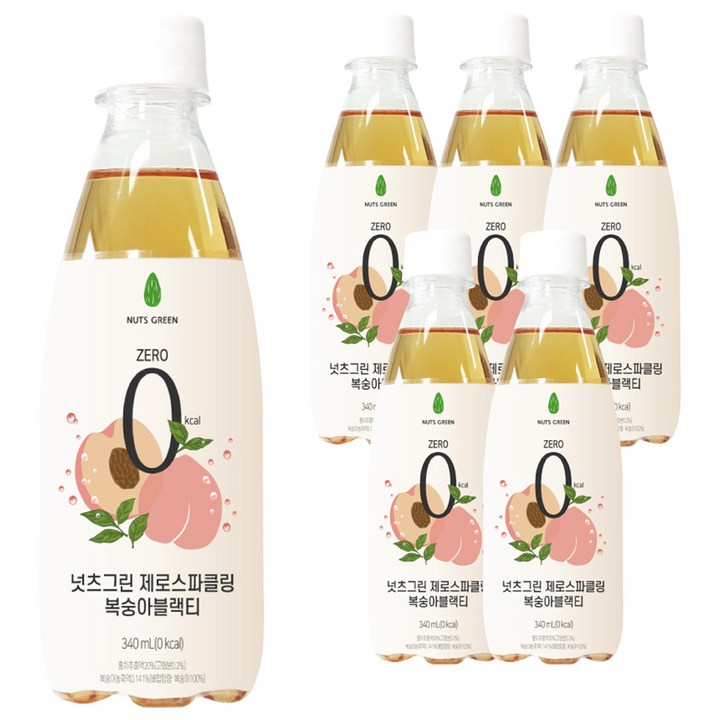 넛츠그린 제로스파클링 복숭아블랙티, 340ml, 6개