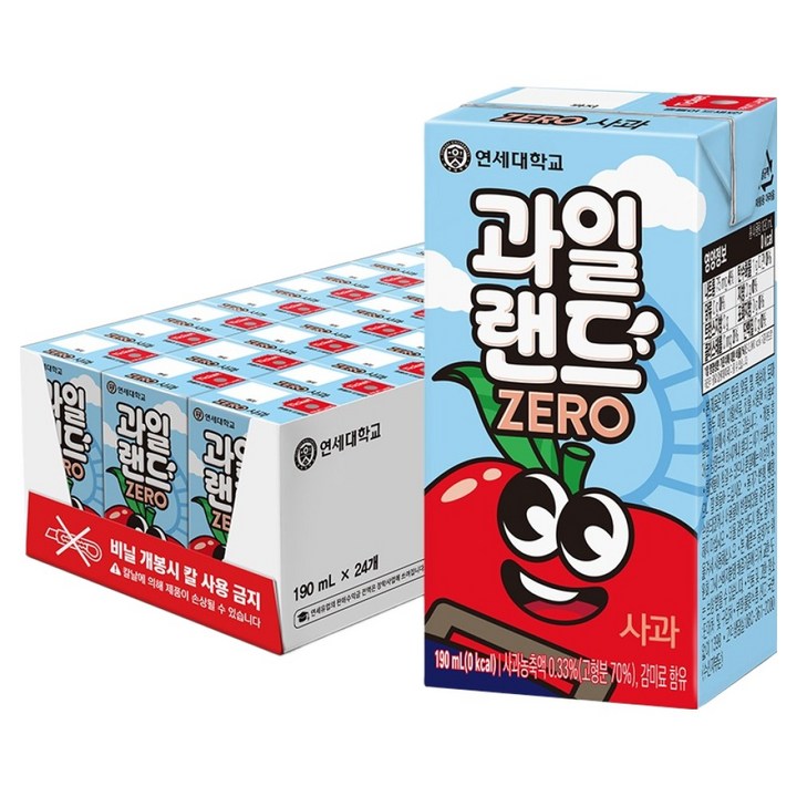 연세유업 연세우유 과일랜드 제로 사과, 24개, 190ml