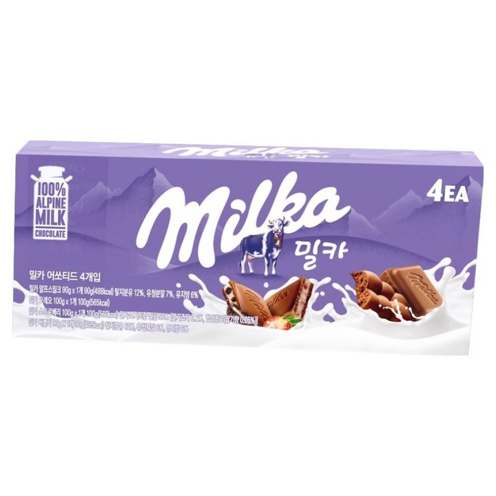 밀카 어쏘티드 밀크 + 스트로베리 + 오레오 + 버블리 초콜릿, 380g, 1세트