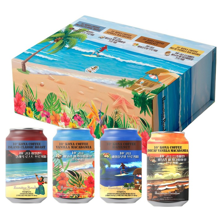 하와이안파라다이스커피 10%코나 콜드브루 4종 x 355ml 선물세트, 1세트, 로스트 브루커피 + 헤이즐넛향 브루커피 + 디카페인 바닐라 마카다미아향 브루커피 + 바닐라 마카다미아향 브루커피