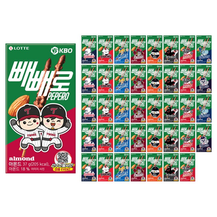 빼빼로 KBO 구단 믹스 아몬드 랜덤발송, 37g, 40개