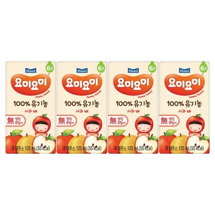 요미요미 100% 유기농 주스 사과 배, 125ml, 4개