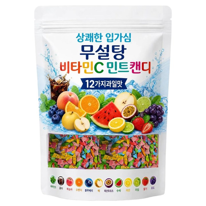 상쾌한 입가심 무설탕 비타민C 민트캔디 12가지과일맛, 300g, 1개