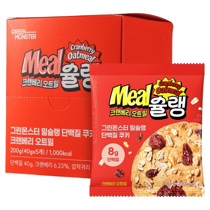 그린몬스터 밀슐랭 단백질 쿠키 크랜베리 오트밀 5p, 200g, 1개