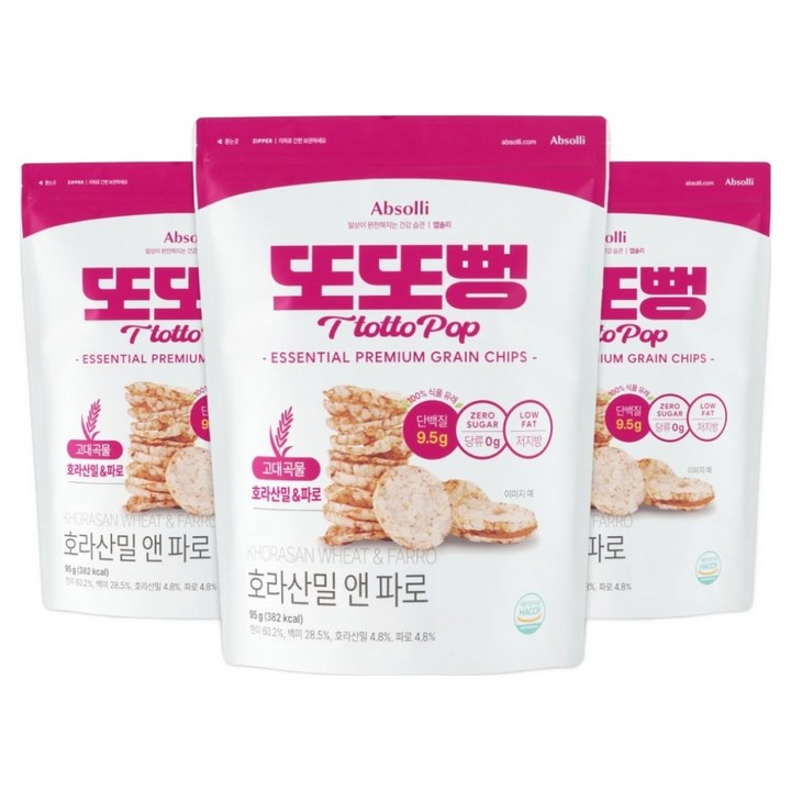 앱솔리 또또뻥 호라산밀 앤 파로 슈거제로 곡물칩, 3개, 95g