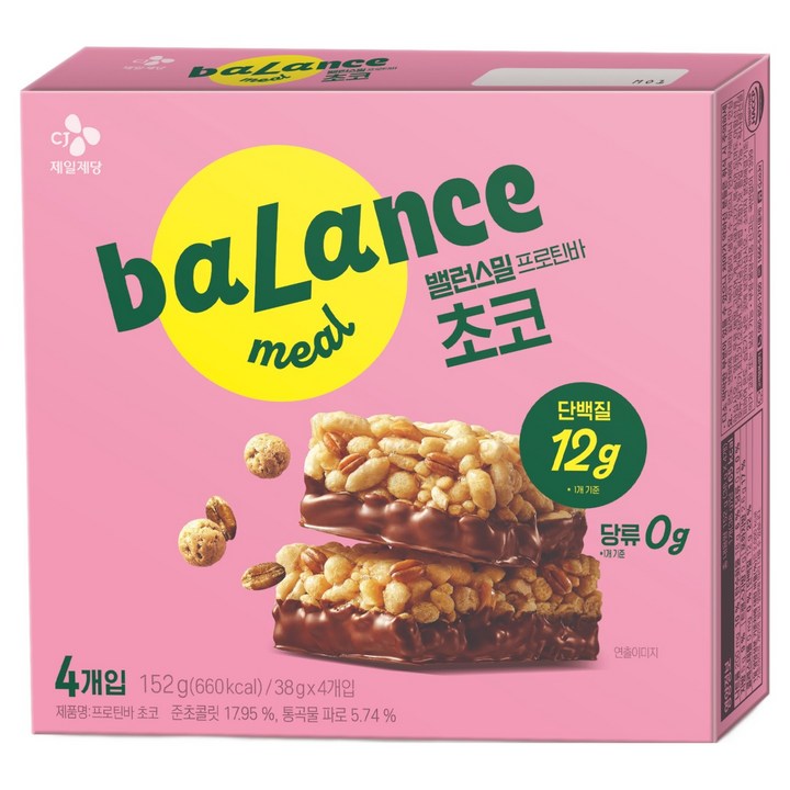 CJ제일제당 밸런스밀 저당 프로틴바 초코맛 4p, 1개, 152g