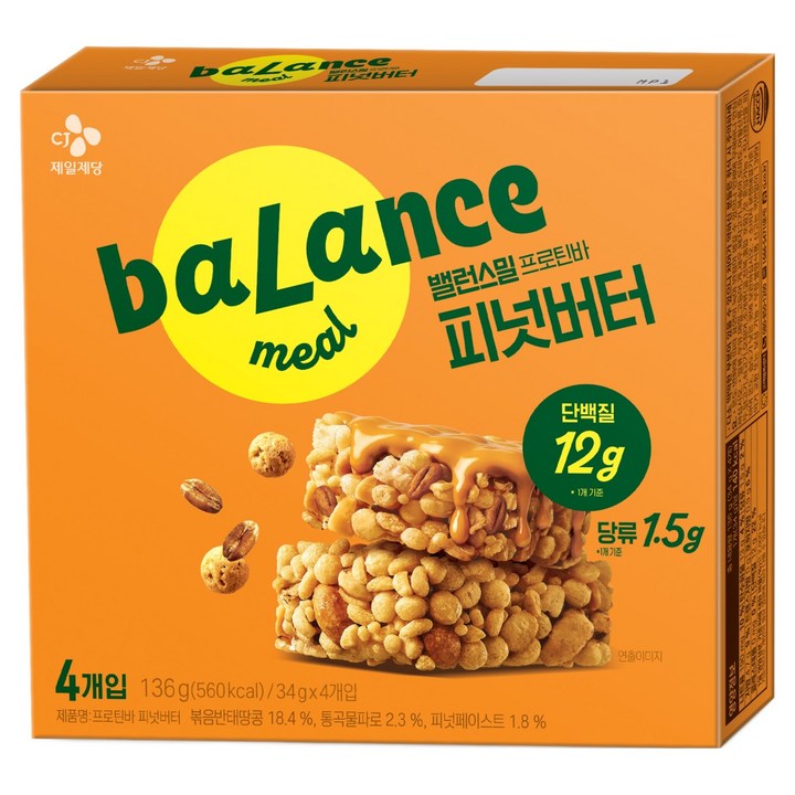 CJ제일제당 밸런스밀 프로틴바 피넛버터맛 4p, 136g, 1개