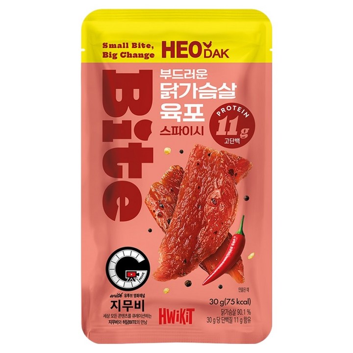 허닭 지무비 BITE 부드러운 닭가슴살 육포 스파이시, 30g, 1개