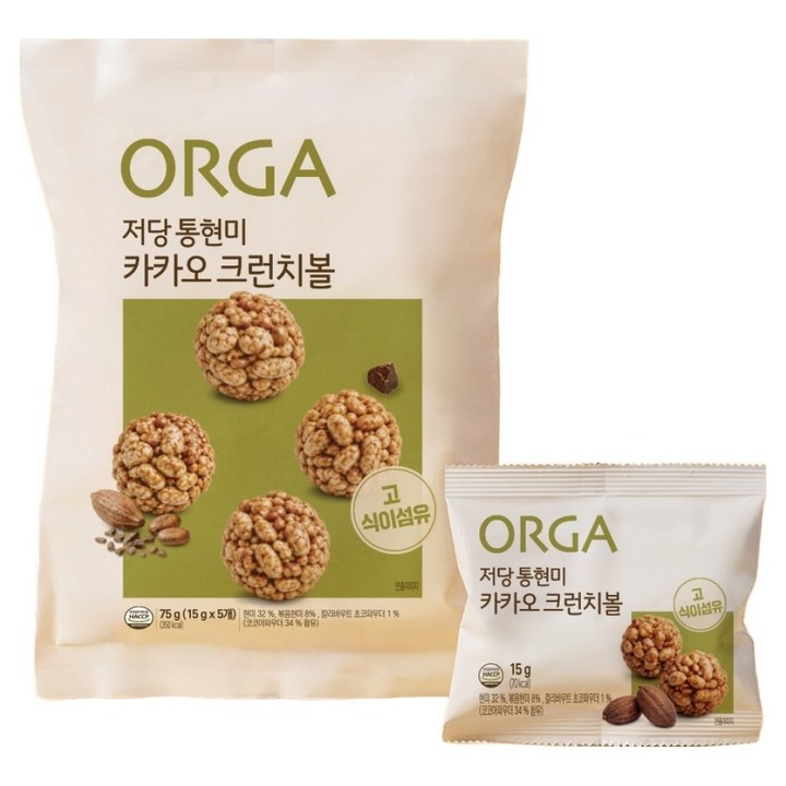 (주)올가홀푸드 저당 통현미 카카오 크런치볼 5p, 75g, 1개