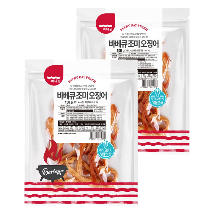 바다원 바베큐 조미 오징어, 100g, 2개