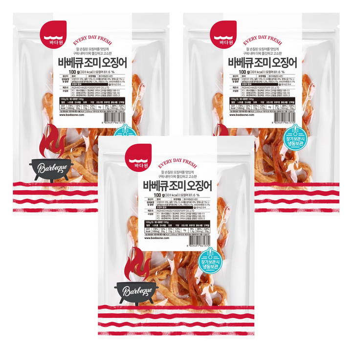 바다원 바베큐 조미 오징어, 100g, 3개