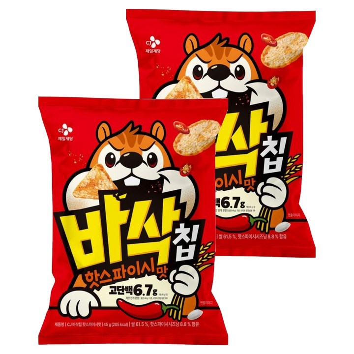 CJ 바삭칩 핫스파이시맛 고단백 쌀과자, 45g, 2개