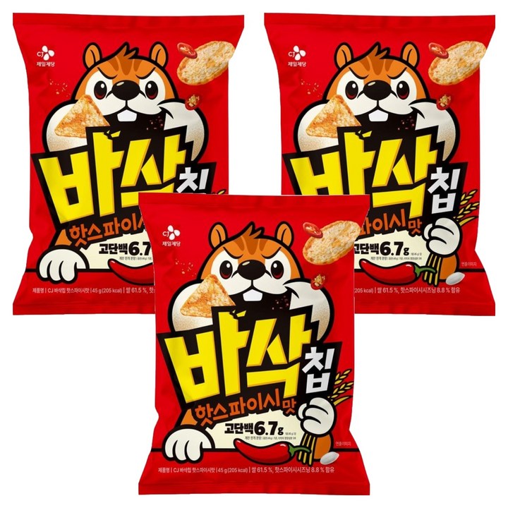 CJ 바삭칩 핫스파이시맛 고단백 쌀과자, 45g, 3개