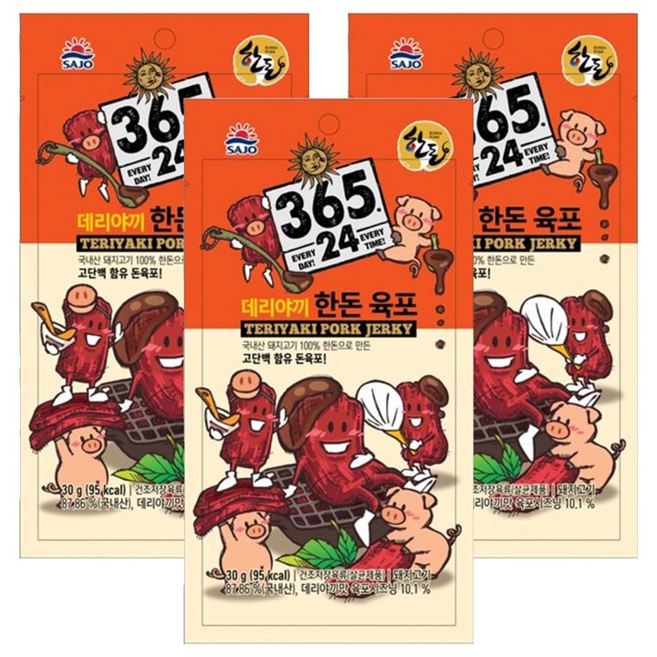 해표 365 24 데리야끼 한돈 육포, 30g, 3개