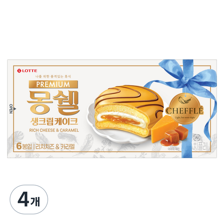 몽쉘 생크림 케이크 리치 치즈 & 카라멜 치플레 6p, 222g, 4개