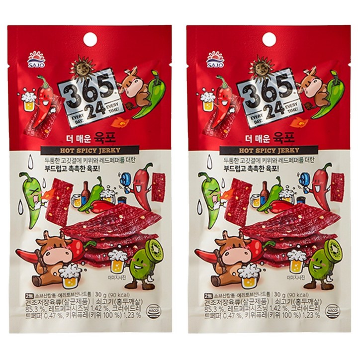 삼육오점이사 해표 365 24 더 매운 육포, 30g, 2개