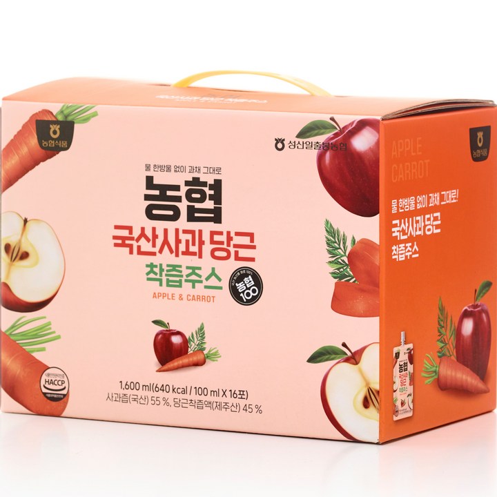 농협 국산 사과 당근 착즙주스, 100ml, 16개