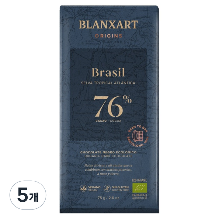 블랑사르트 유기농 다크 76% 빈투바 초콜릿, 5개, 75g