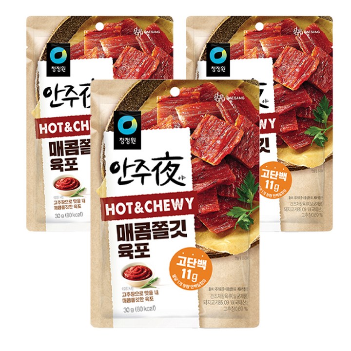 청정원 바로 eat 안주야 매콤쫄깃 육포, 30g, 3개