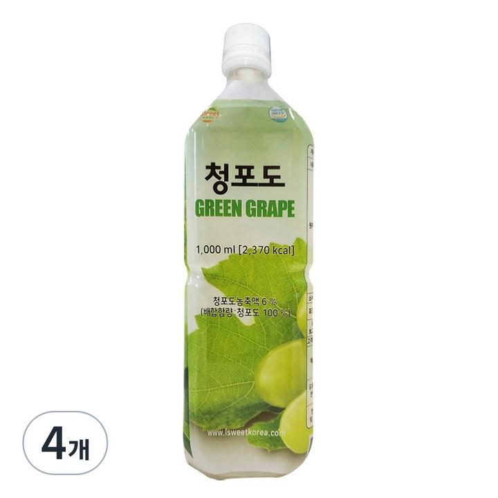 스위트코리아 청포도 액상 음료, 1L, 4개