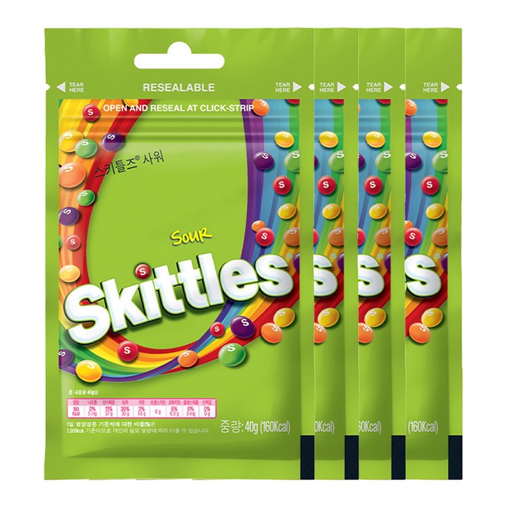 스키틀즈 사워 캔디, 40g, 4개