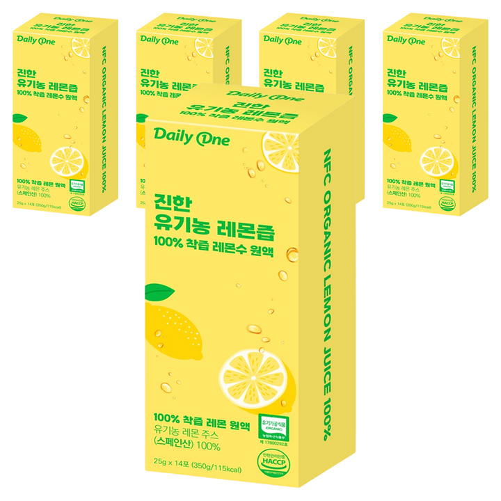 데일리원 진한 유기농 레몬즙 100% 착즙 레몬수 원액, 350g, 5개