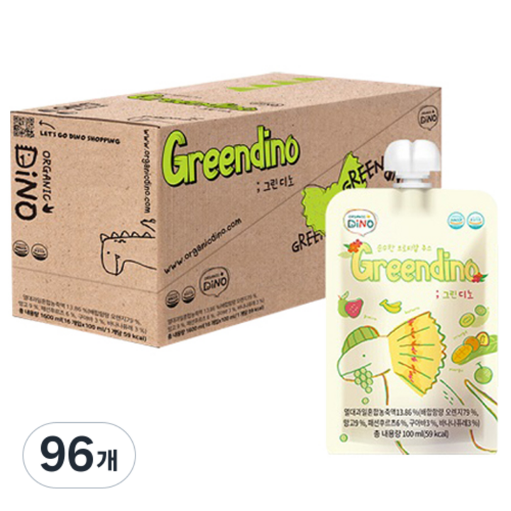 오가닉디노 순수한 트로피칼 과채주스 그린디노, 청포도맛, 100ml, 96개