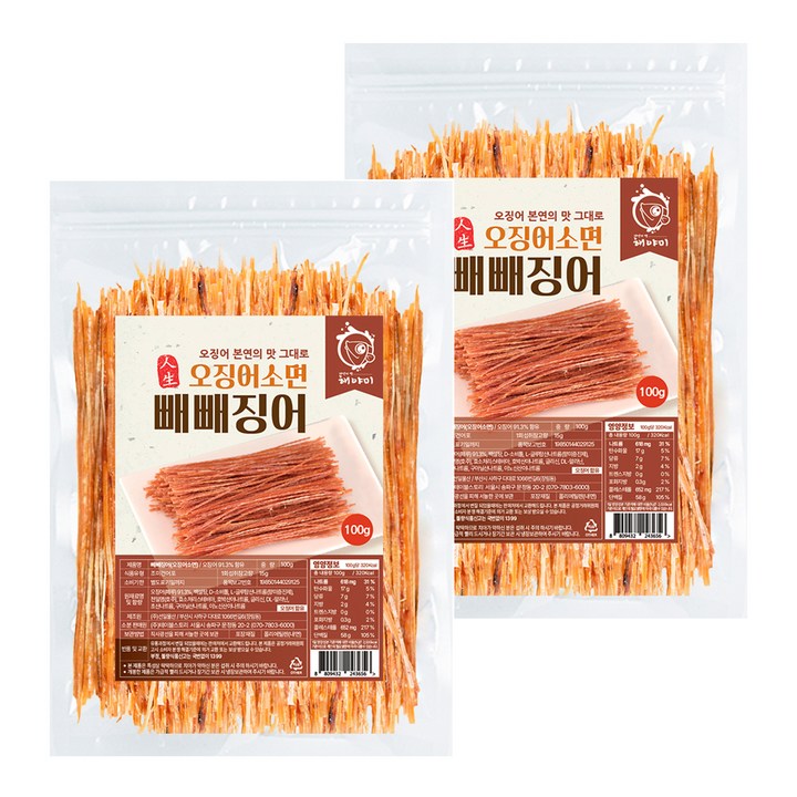 해야미 빼빼징어 오징어소면, 100g, 2개