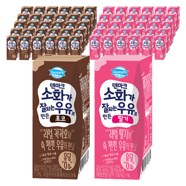 덴마크 소화가 잘되는 우유로 만든 초코 190ml 48p + 딸기 190ml 48p, 96개