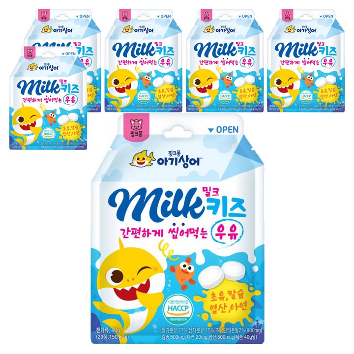 남양에이치앤비 핑크퐁 아기상어 밀크키즈 칼슘캔디 20p, 40g, 6개