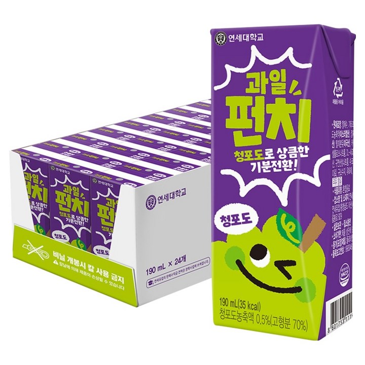 연세우유 과일펀치 청포도 음료, 190ml, 24개