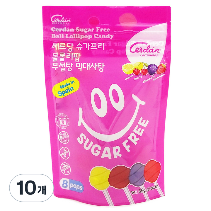쎄르당 슈가프리 볼롤리팝 무설탕 막대사탕 8p, 55g, 10개